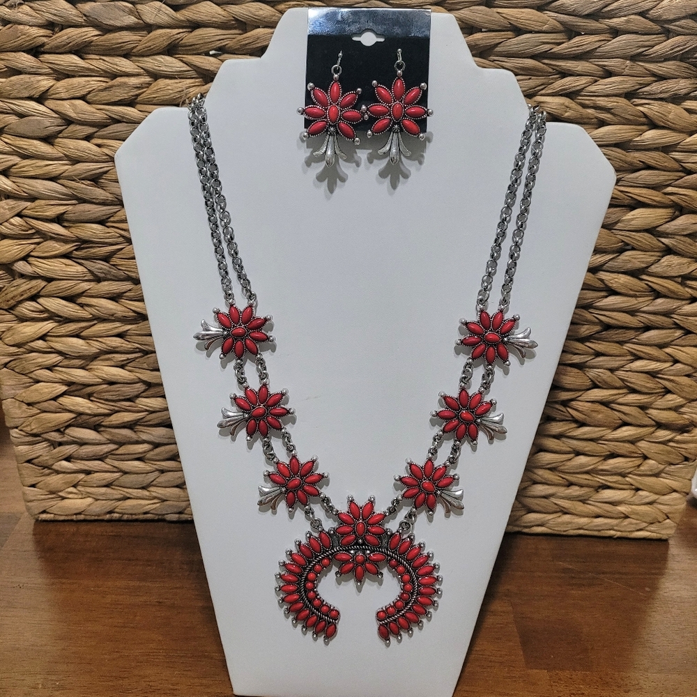 Red Squash Blossom Necklace And Earring Set New
